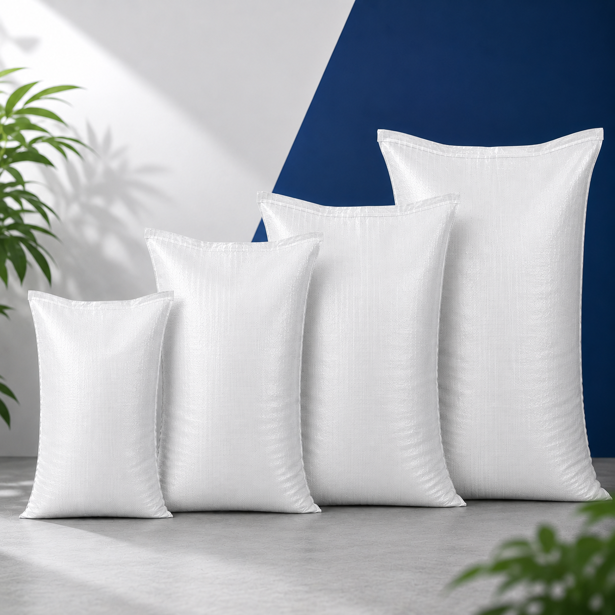 Sacos de ráfia branca em quatro medidas — 45×60, 50×70, 60×90 e 80×100 cm